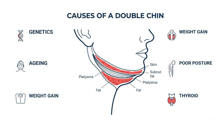 Infografis penyebab double chin serta kaitan dagu ganda terhadap metabolisme lemak tubuh.